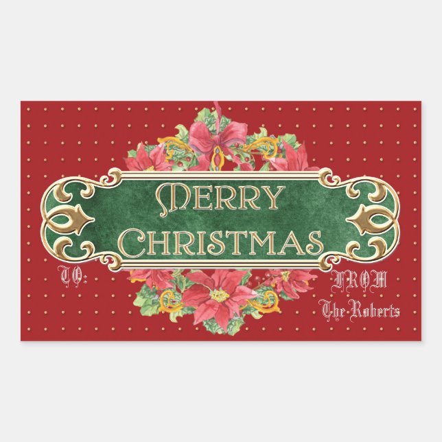 Pegatina Rectangular Merry Christmas Gold Swirl Poinsettia Wreath Jewel (Anverso)
