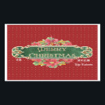 Pegatina Rectangular Merry Christmas Gold Swirl Poinsettia Wreath Jewel<br><div class="desc">PARA ESCRIBIR EN ESTOS PEGATINAS DE ETIQUETA DE REGALO: Utilice un marcador de punto fino o un marcador de tipo de pintura decorativa. La pluma regular no funciona debido a la superficie brillante. El diseño: Audrey Jeanne Roberts pintó esta hermosa acuarela a mano. La cubierta frontal tiene un fondo rojo...</div>