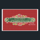 Pegatina Rectangular Merry Christmas Gold Swirl Poinsettia Wreath Jewel<br><div class="desc">PARA ESCRIBIR EN ESTOS PEGATINAS DE ETIQUETA DE REGALO: Utilice un marcador de punto fino o un marcador de tipo de pintura decorativa. La pluma regular no funciona debido a la superficie brillante. El diseño: Audrey Jeanne Roberts pintó esta hermosa acuarela a mano. La cubierta frontal tiene un fondo rojo...</div>