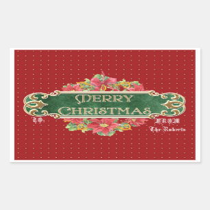 Pegatina Rectangular Merry Christmas Gold Swirl Poinsettia Wreath Jewel