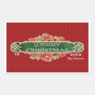 Pegatina Rectangular Merry Christmas Gold Swirl Poinsettia Wreath Jewel