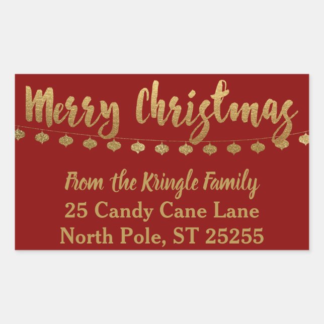 Pegatina Rectangular Merry Christmas Return Address Red Gold (Anverso)