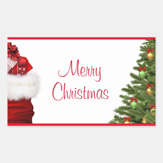 Pegatina Rectangular Merry Christmas Tree And Gifts Template Elegante (Anverso)