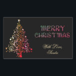 Pegatina Rectangular Merry Christmas Tree Stars Black Gold Red<br><div class="desc">Merry Christmas Tree Stars Black Background Faux Shiny Gold Red Typography Moda de regalo Pegatinas de etiquetas</div>
