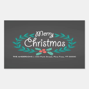 PEGATINA RECTANGULAR MERRY CHRISTMAS WREATH RETURN DIRIGE A PEGATINAS