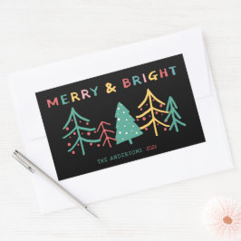 Pegatina Rectangular Merry y Bright Fun Pine Elegantes Navidades Negro