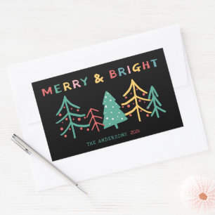 Pegatina Rectangular Merry y Bright Fun Pine Elegantes Navidades Negro