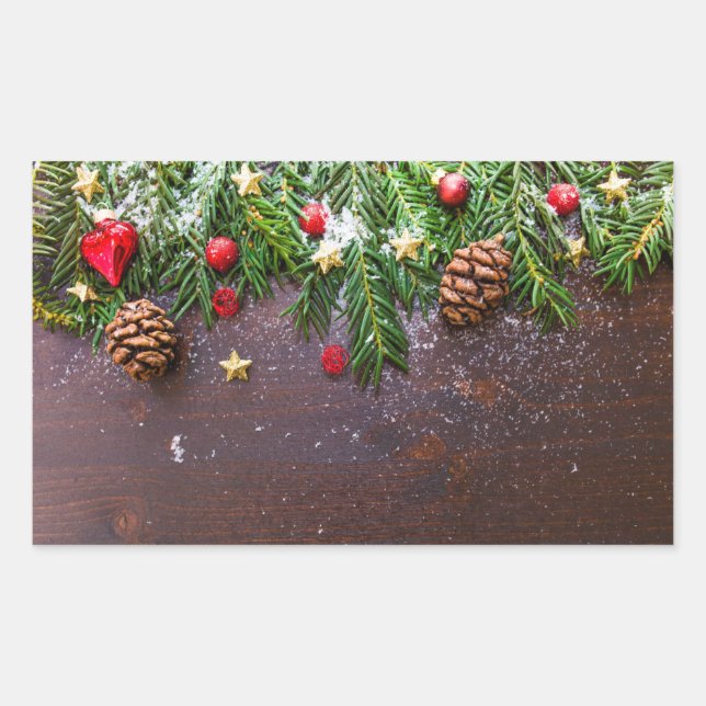 Pegatina Rectangular Mesa de Navidades rusos con pino y nieve (Anverso)