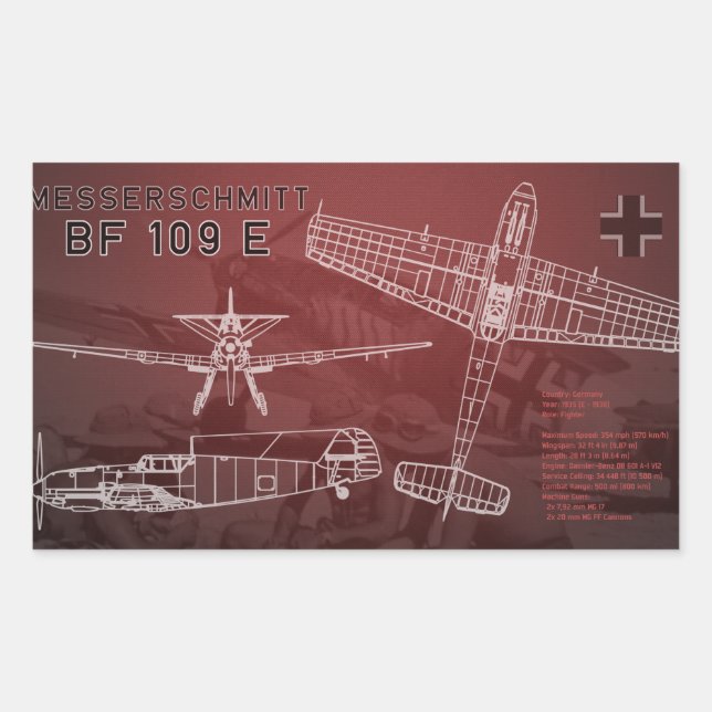Pegatina Rectangular Messerschmitt Bf 109 Blueprint (Anverso)
