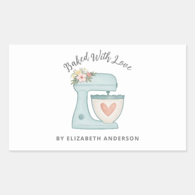 Pegatina Rectangular Mezclador De Pastel Cuto Horneado Con Amor Rectang (Anverso)