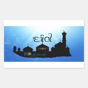 Pegatina Rectangular Mezquita Eid Mubarak con tipografía