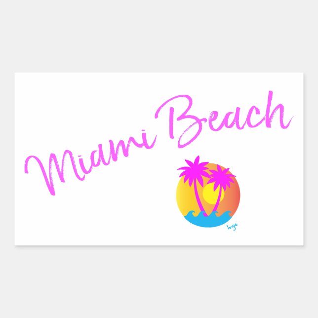 Pegatina Rectangular Miami-Beach-logo-palmeras-solares-rosadas (Anverso)