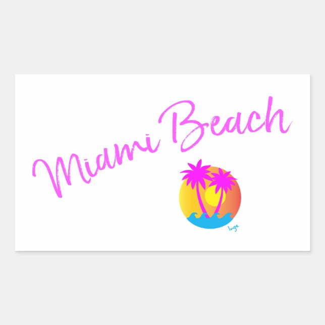 Pegatina Rectangular Miami-Beach-logo-palmeras-solares-rosadas (Anverso)