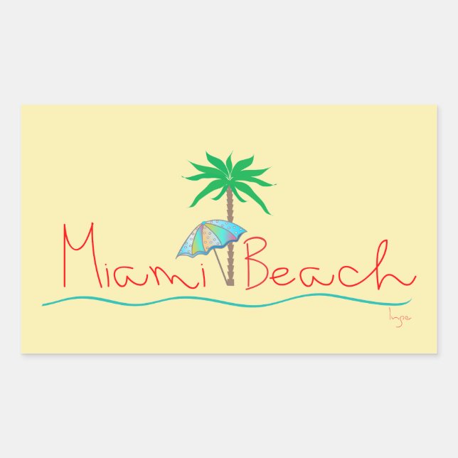 Pegatina Rectangular Miami con palmas y paraguas (Anverso)