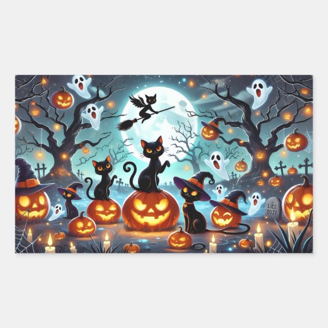 Pegatina Rectangular Midnight Magic: Black Cats & Pumpkins Halloween  (Anverso)