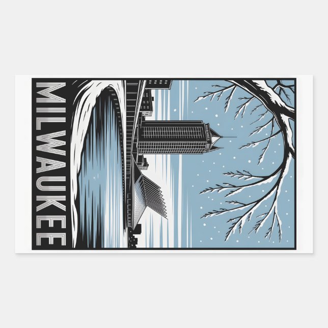 Pegatina Rectangular Milwaukee Skyline Black and White Woodcut Winter (Anverso)