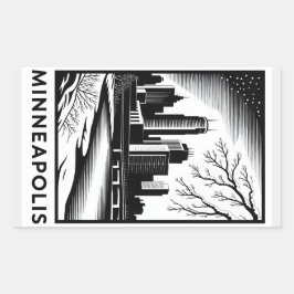 Pegatina Rectangular Minneapolis Skyline Black and White Woodcut Winter