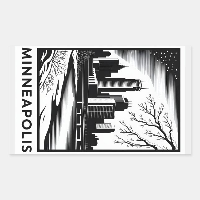 Pegatina Rectangular Minneapolis Skyline Black and White Woodcut Winter (Anverso)