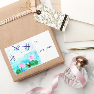 Pegatina Rectangular Moda Blue Dragonfly Pink Waterlily Pond