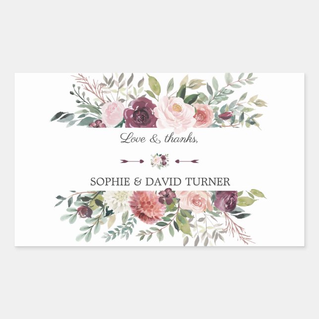 Pegatina Rectangular Moda Borgoña Rubor Marfil Floral Frame Boda (Anverso)