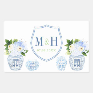 Pegatina Rectangular Moda Chinoiserie Escudo azul y Boda blanco