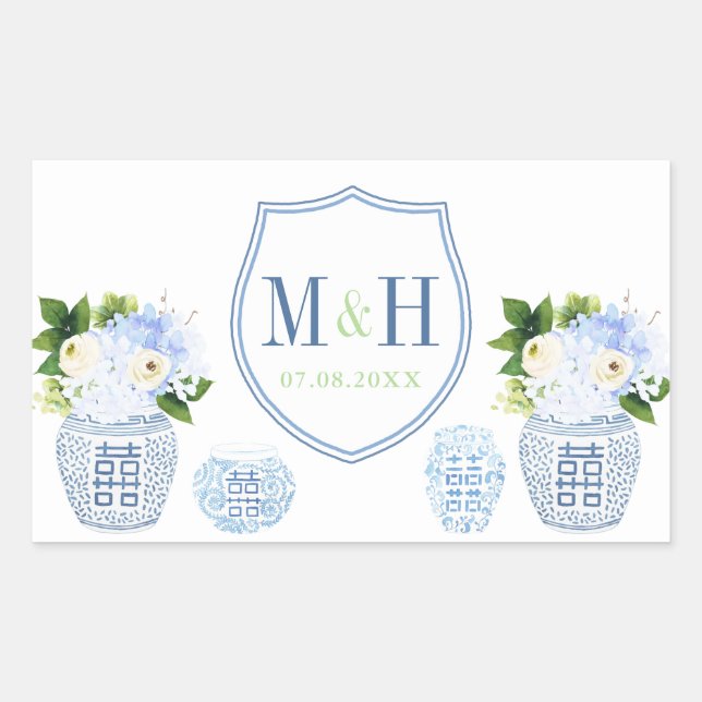 Pegatina Rectangular Moda Chinoiserie Escudo azul y Boda blanco (Anverso)