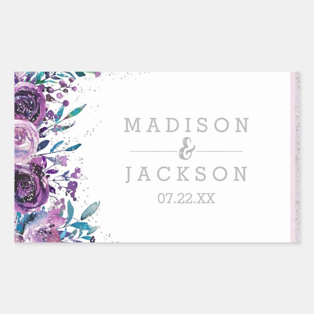 Pegatina Rectangular Moda Morado Floral y Boda Plateado Monograma (Anverso)