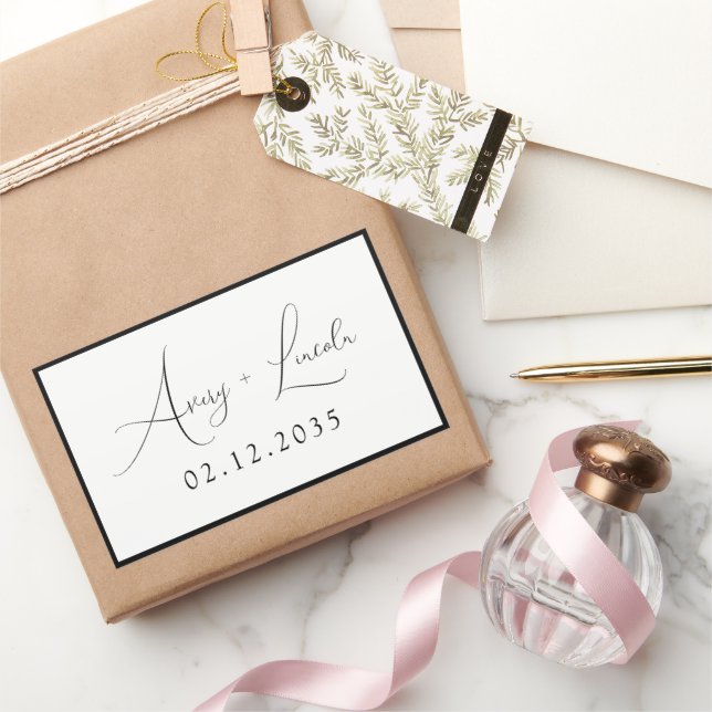 Pegatina Rectangular Modern Classic Black & White Border Script Wedding (Regalar)