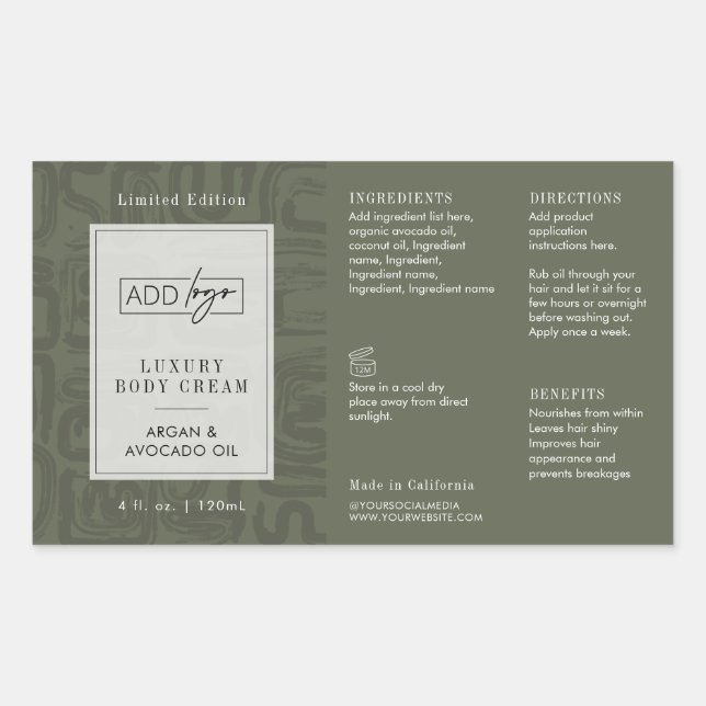 Pegatina Rectangular Modern Sage Green Boho Logo 4OZ Cosmetic Bottle (Anverso)