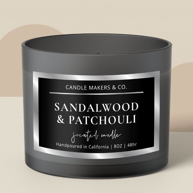 Pegatina Rectangular Moderna Candle de Empaquetado Elegante De Plata Ne (Large candle jar rectangle label in black and silver, featuring faux silver effect and stylish fonts)