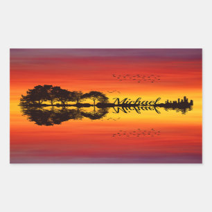 Pegatina Rectangular Moderna Naranja Sunset Guitarist Name Watercolor