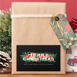 Pegatina Rectangular Moderna negrita Floral Feliz Navidad nombre negro