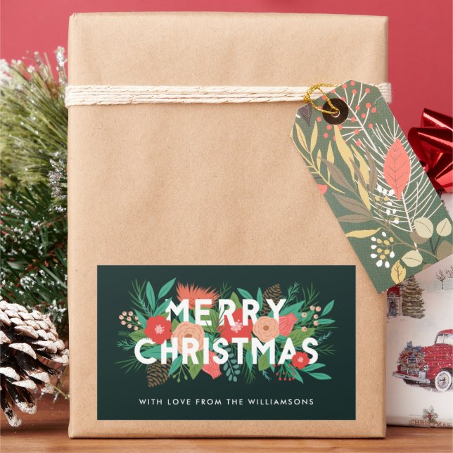 Pegatina Rectangular Moderna negrita Floral Feliz Navidad Nombre Verde (Vacaciones)
