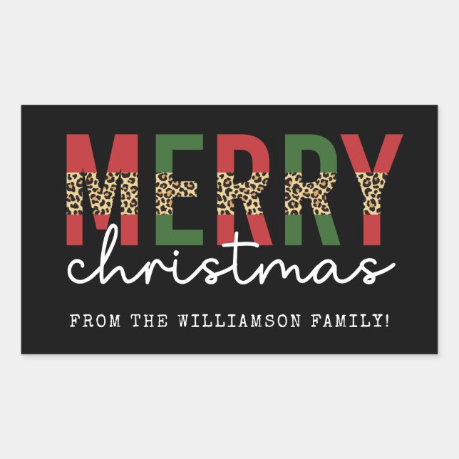 Pegatina Rectangular Moderna tipografía impresa de leopardo navideño (Anverso)