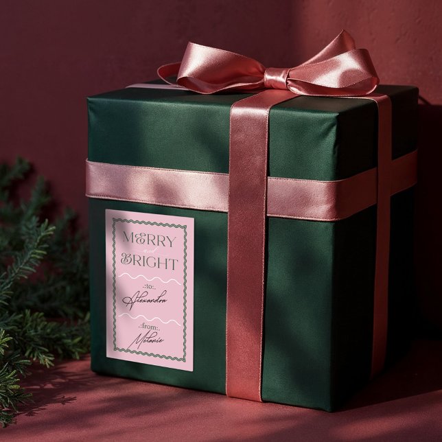 Pegatina Rectangular Moderno y luminoso Retro Rosa ondulado A Y Desde (Merry & Bright Modern Pink Retro Wavy To & From Rectangular Sticker)