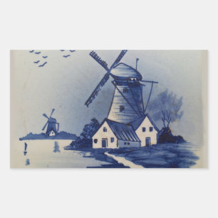 Pegatina Rectangular Molino de viento azul vintage Delft