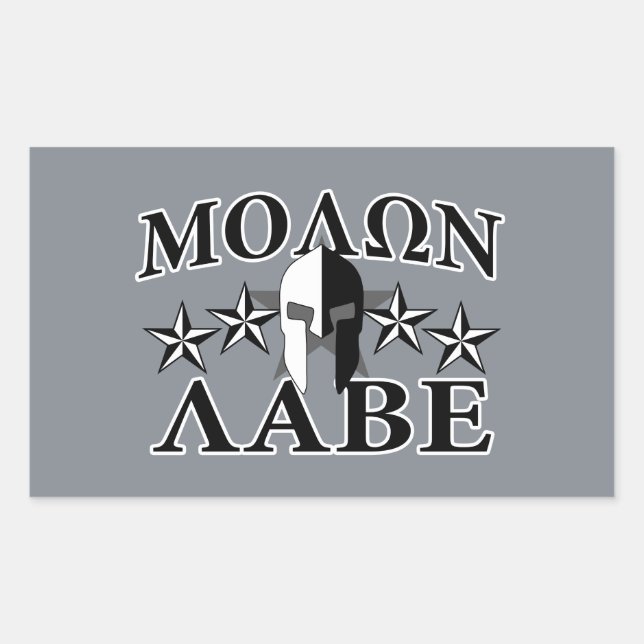 Pegatina Rectangular Molon Labe Guerrero Espartano 5 estrellas Blanco N (Anverso)