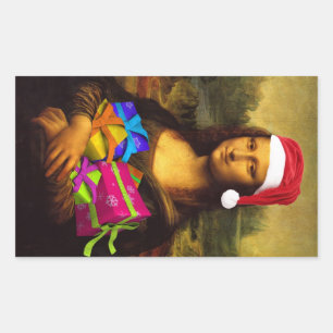 Pegatina Rectangular Mona Lisa se viste de Papá Noel