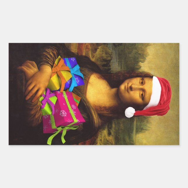 Pegatina Rectangular Mona Lisa se viste de Papá Noel (Anverso)