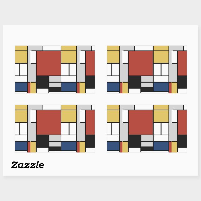 Pegatina Rectangular Mondrian Pintura de Plano Rojo Amarillo Azul Gris  (Hoja)