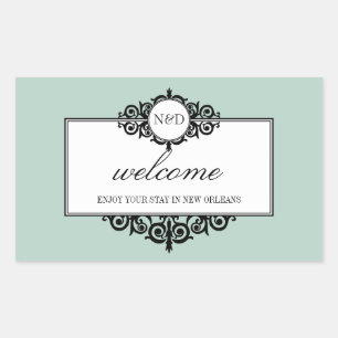 Pegatina Rectangular Monograma azul del marco francés fuera de la bolsa