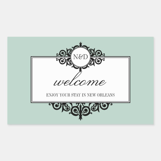 Pegatina Rectangular Monograma azul del marco francés fuera de la bolsa (Anverso)