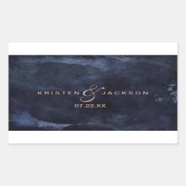 Pegatina Rectangular Monograma Boda de oro de color azul marino y Rosa