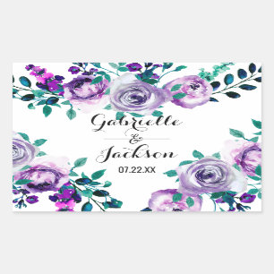 Pegatina Rectangular Monograma de boda acuarela floral menta y púrpura