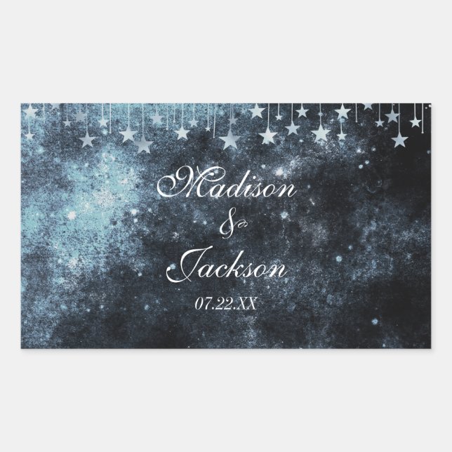 Pegatina Rectangular Monograma de boda celeste con acuarela estrellada (Anverso)
