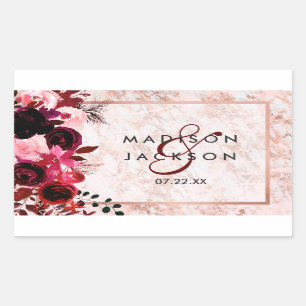 Pegatina Rectangular Monograma de boda floral borgoña y dorado rosa