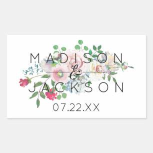 Pegatina Rectangular Monograma de boda floral de acuarela de rosa sonro