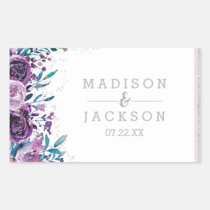 Pegatina Rectangular Monograma de boda floral púrpura y plateado elegan