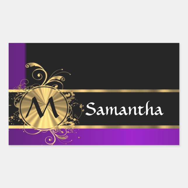 Pegatina Rectangular Monograma de oro morado y negro (Anverso)