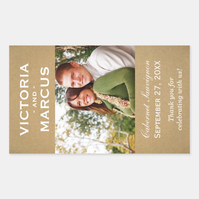 Pegatina Rectangular Monograma del Boda Kraft Rústico Foto Favor del Vi (Anverso)